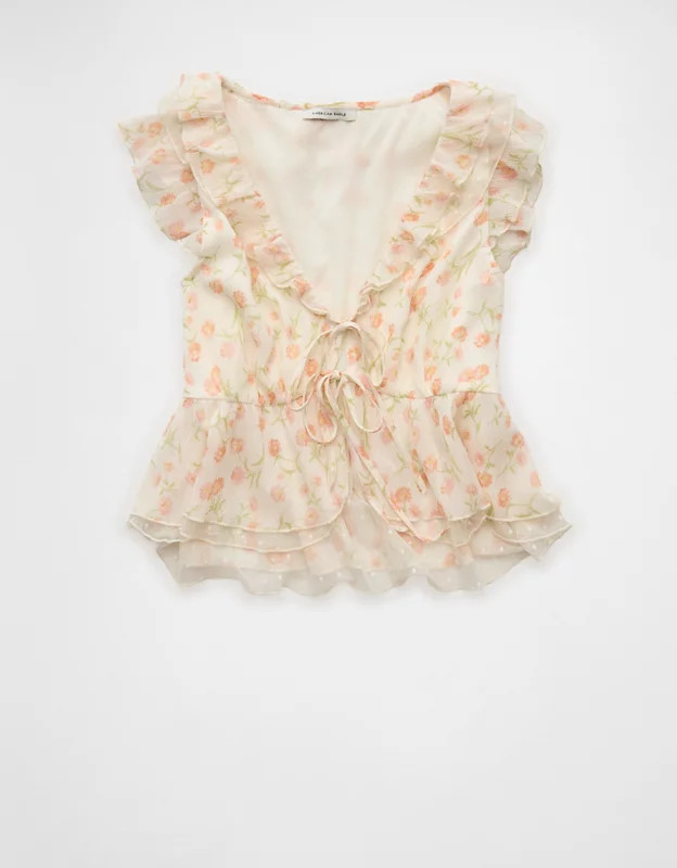 AE Flutter Sleeve Tie-Front Blouse | American Eagle Outfitters (US & CA)