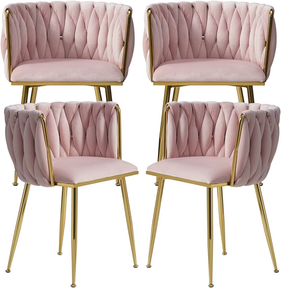 Nrizc Woven Dining Chairs Set of 4, Velvet Upholstered Dining Chairs with Gold Metal Legs, Modern... | Amazon (US)