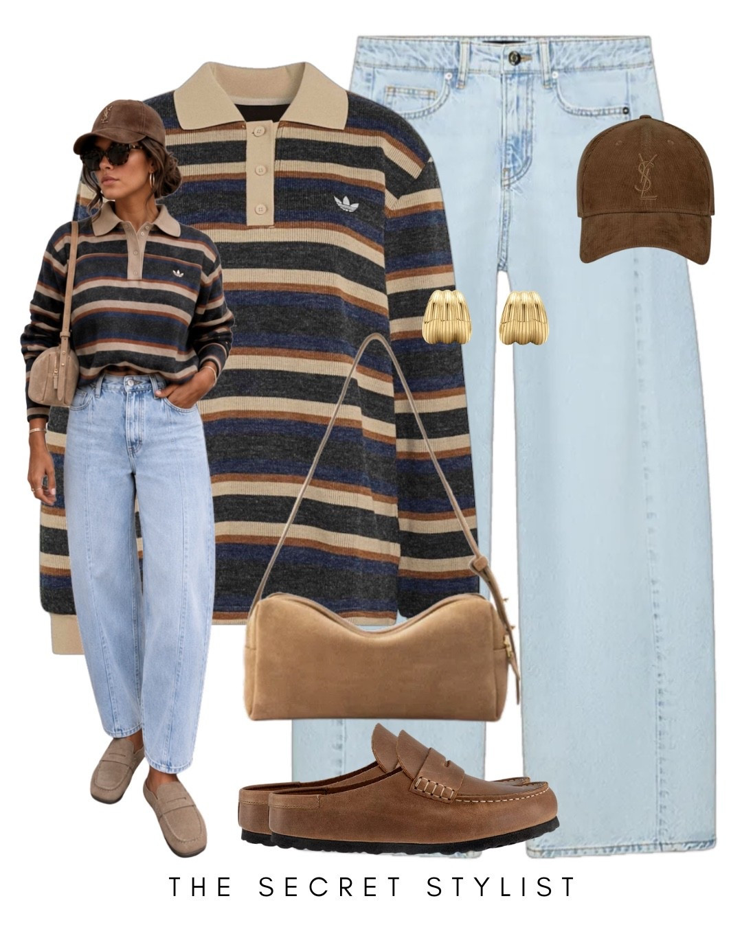 Adidas polo striped knit top jumper 
Barrel leg jeans 
Zara new in
Birkenstock Naples 
Elleme Trousse bag
Autumn fashion outfit 
Transitional outfit
YSL cap