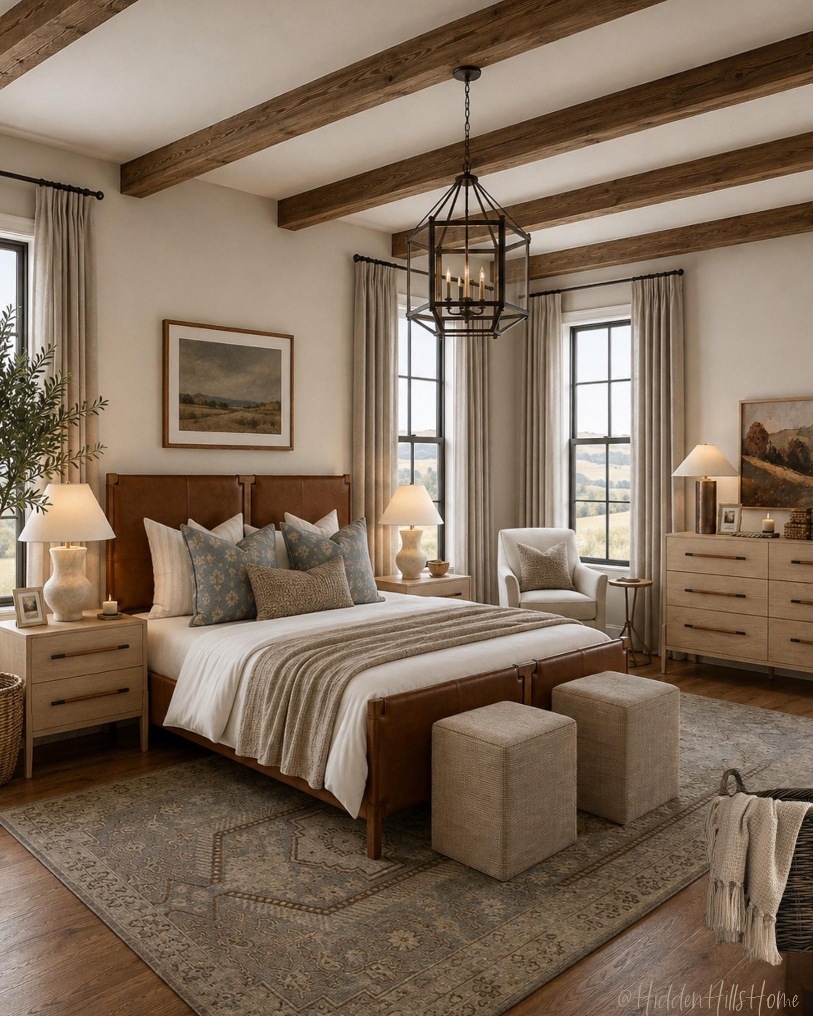 🤎 This stunning bedroom features a leather and wood bed paired with statement nightstands to create a welcoming, cozy retreat! I love the warm brown tones paired with subtle pops of light blue!

#masterbedroomdecor

#LTKHome #LTKSaleAlert #LTKSeasonal