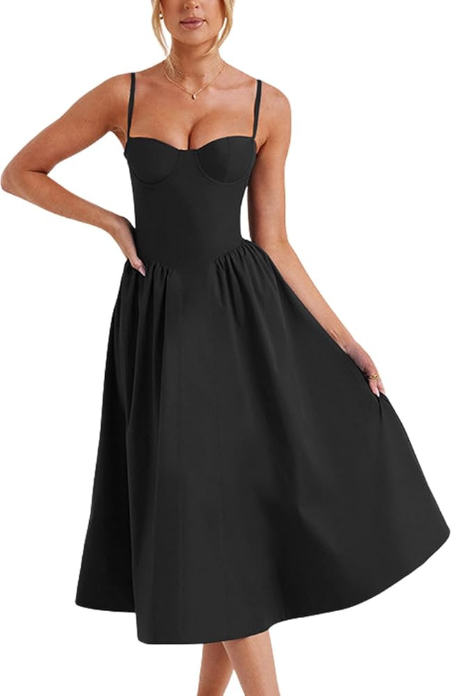 loveimgs Womens Summer Corset Dress Elegant Spaghetti Strap Bustier Flowy Pleated Ruffle Prom Max... | Amazon (US)