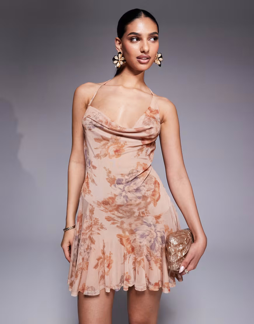 ASOS DESIGN mesh asymmetric cowl neck mini dress with pleated skirt in vintage floral print-Multi | ASOS (Global)