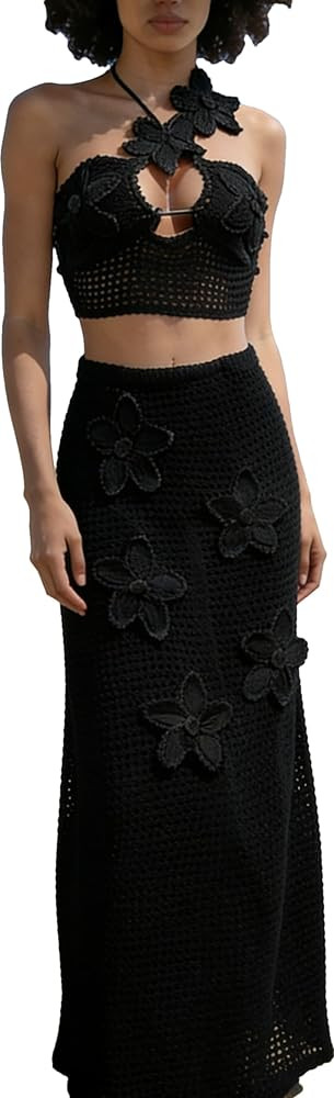 RanRui Women's Halter 3D Flower Knitted Hollow Out Beach Dress balckless Open Back Swimsuit Cover... | Amazon (US)