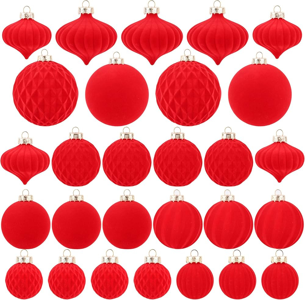 Flocked Ornaments for Christmas Tree Decorations - 28pcs Red Velvet Ball Ornament for Xmas Holida... | Amazon (US)