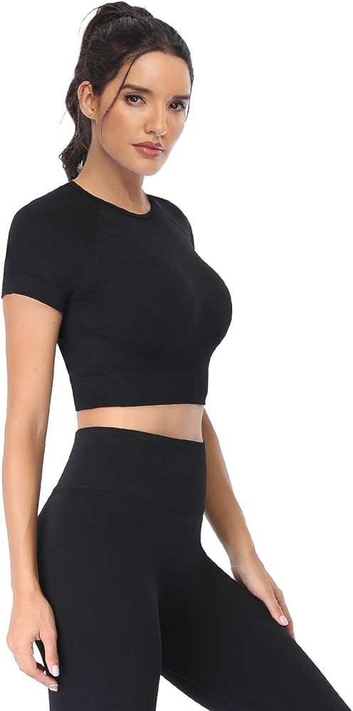 JOLLMONO 2 Piece Short Sleeve Outfits for Women Seamless Crop Tops Set for Women Workout Set | Amazon (US)