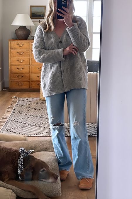 Cozy work from home wear or weekend outfit with cocoon cardigan from Jenni kayne (size small) AYR denim (size 26) and shearling moc clogs. 