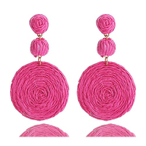 Hot Pink Rattan Earrings for Women Statement Boho Handmade Raffia Straw Wrapped Round Drop Dangle Earrings Summer Tropical Beach Jewelry Best Jewelry Gifts-Hot Pink | Amazon (US)
