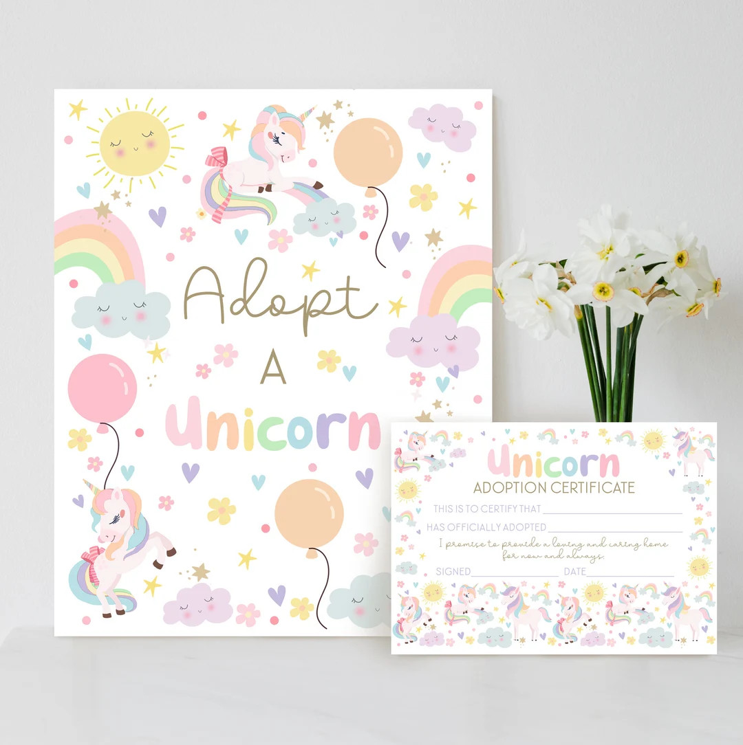 ADOPT A UNICORN Certificate Printable Unicorn Party Game Rainbow Unicorn Game Adopt a Unicorn Rai... | Etsy (US)