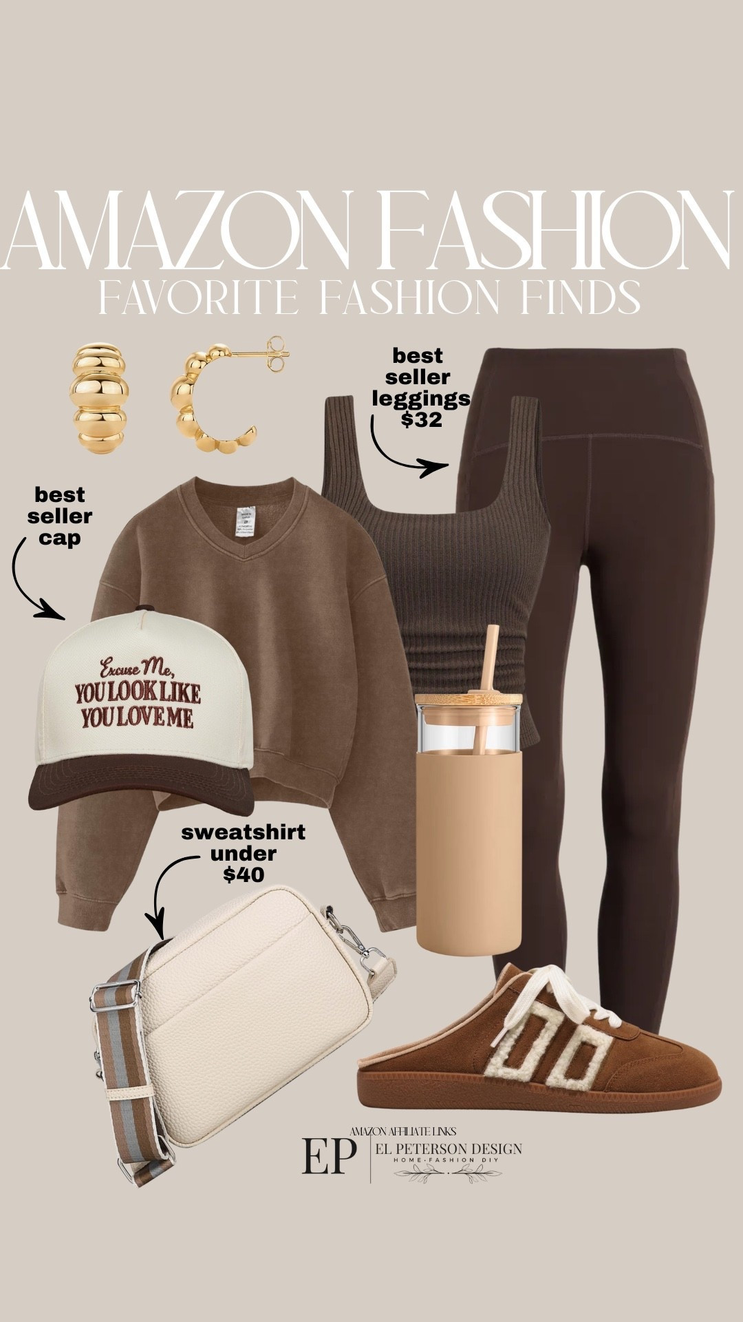 Amazon
Leggings
Sweatshirt
Tank-top
Cap
Earrings
Slippers
Tumbler
Belt bag 
