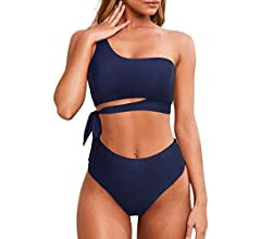 MOOSLOVER Women One Shoulder High Waisted Bikini Tie High Cut Two Piece Swimsuits | Amazon (US)