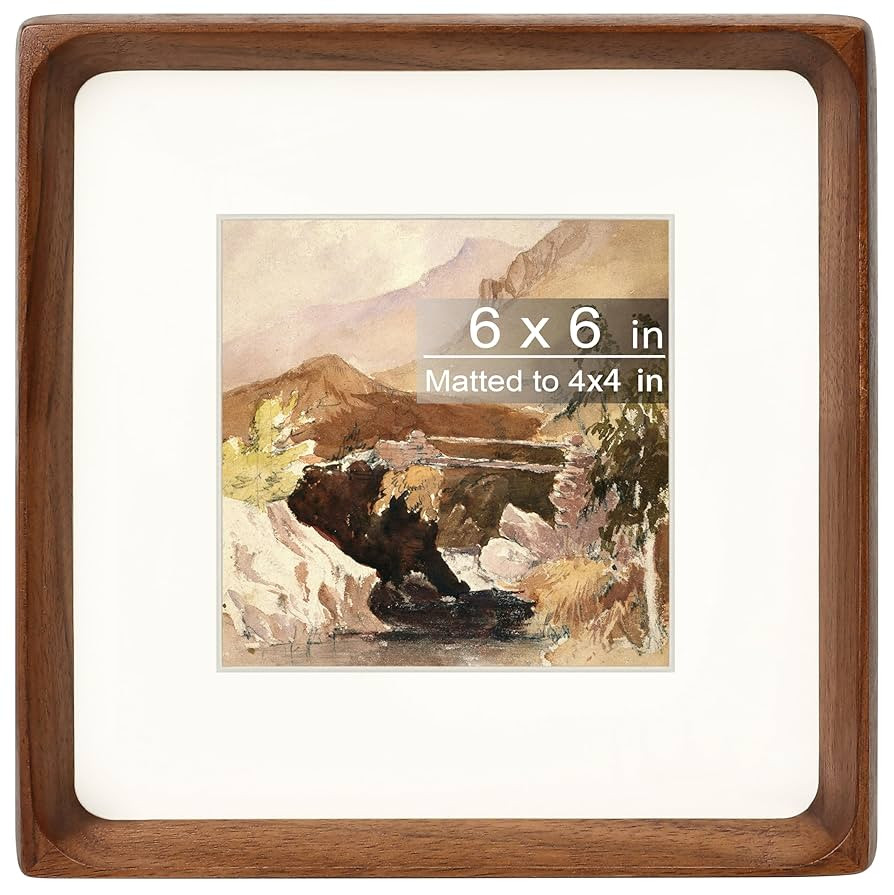 Square 6x6 Picture Frame with Mat for 4x4, Natural Walnut Wood Handcrafted Rounded Corner with Re... | Amazon (US)