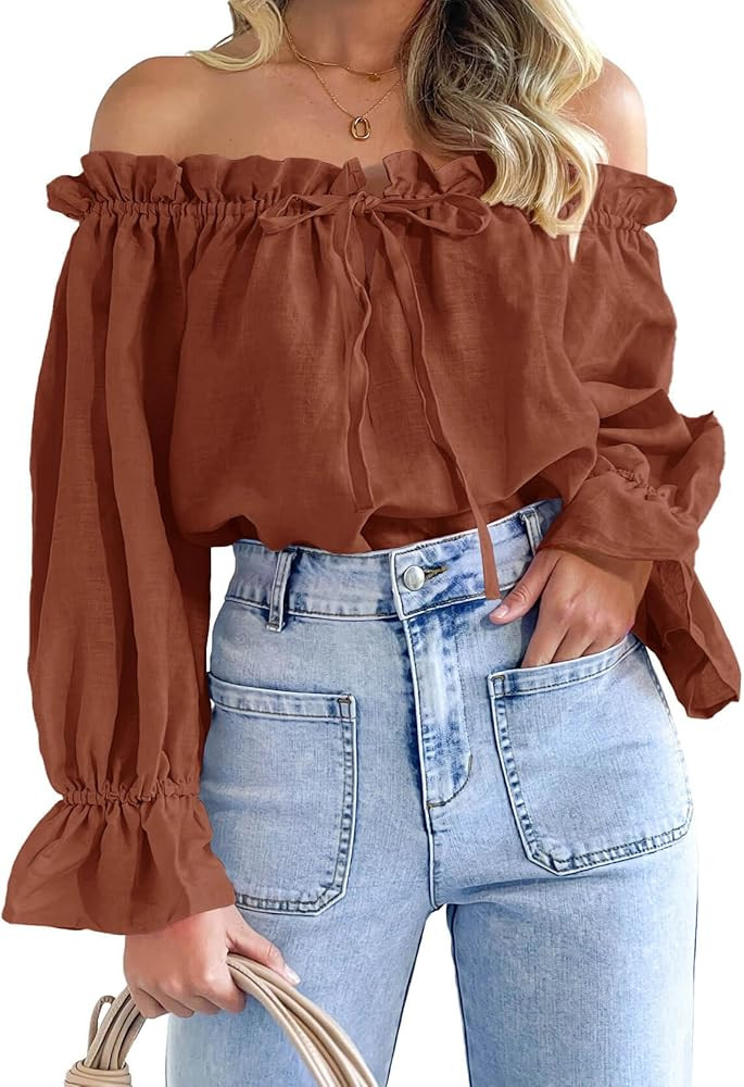 Imily Bela Womens Off The Shoulder Tops Puff Long Sleeve Tie Front Loose Fit Ruffle Shirts Blouse... | Amazon (US)