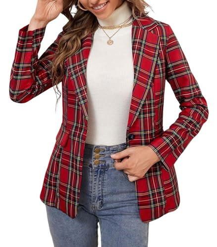 utcoco Women's Christmas Plaid Blazer Long Sleeve One Button Suit Jacket Casual Office Festive Outerwear (Medium, Red) | Amazon (US)
