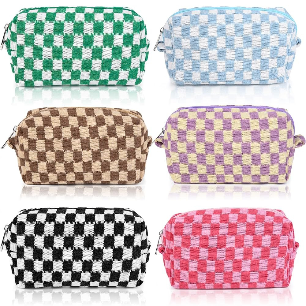 6 Pcs Checkered Makeup Bag Preppy Cosmetic Bag Bulk Pink Black Makeup Pouch Personalize Travel To... | Amazon (US)
