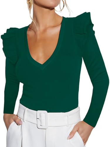 Women's V Neck Shirts Knit Crop Tops Ruffle Blouses Fall Trendy Long Sleeve Top Sexy Tshirts 2025 Fashion Clothes Dark Green 2XL | Amazon (US)