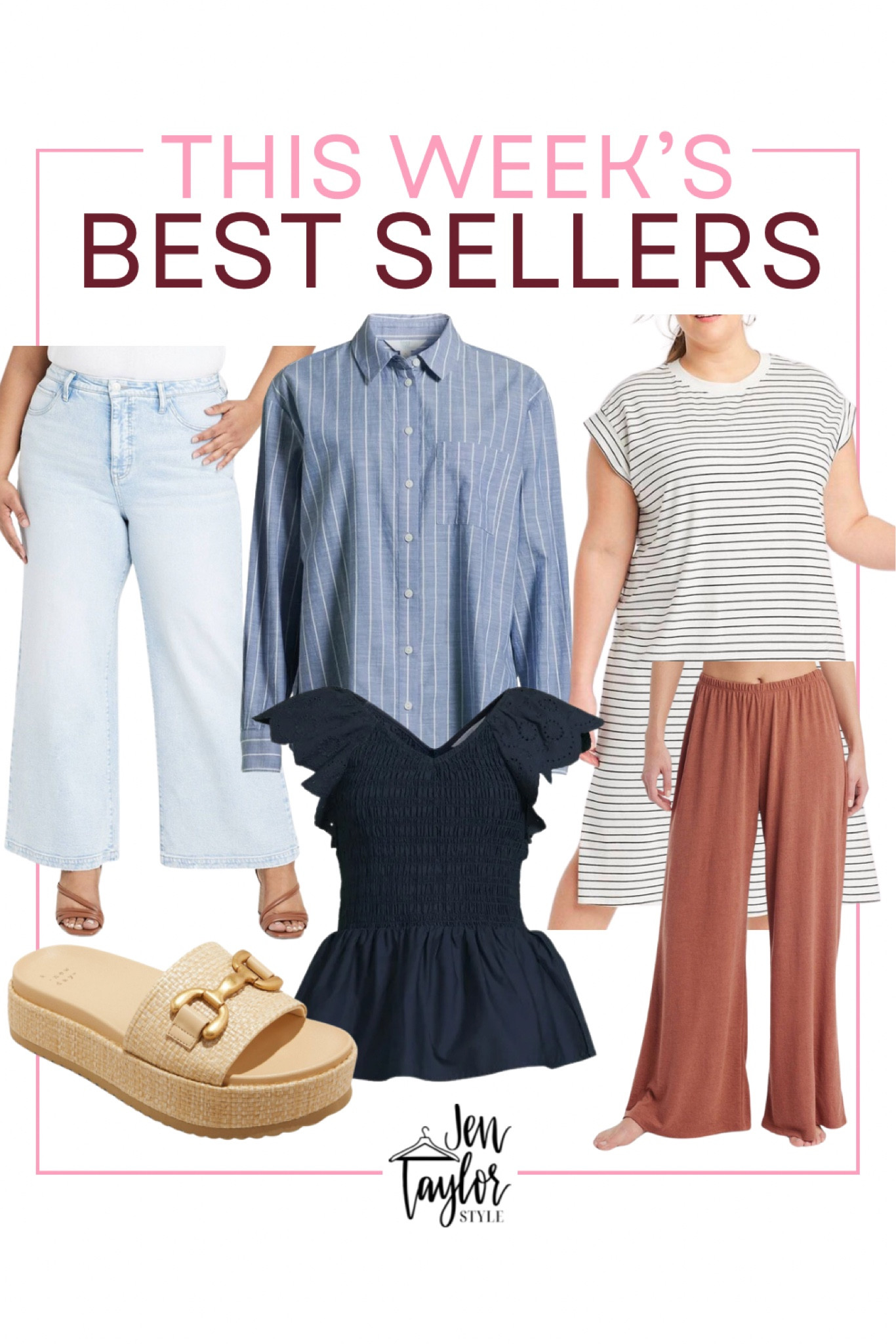 Best sellers in plus size fashion, curvy fashion. Including plus size jeans, pajama pants, plus size dress, blue button down, spring peplum top, and platform sandals

#LTKplussize #LTKSeasonal #LTKfindsunder50