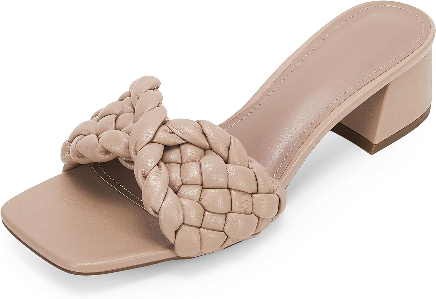 PiePieBuy Women's Braided Heeled Sandals Low Block Heel Square Open Toe Strap Slip On Slide Shoes | Amazon (US)