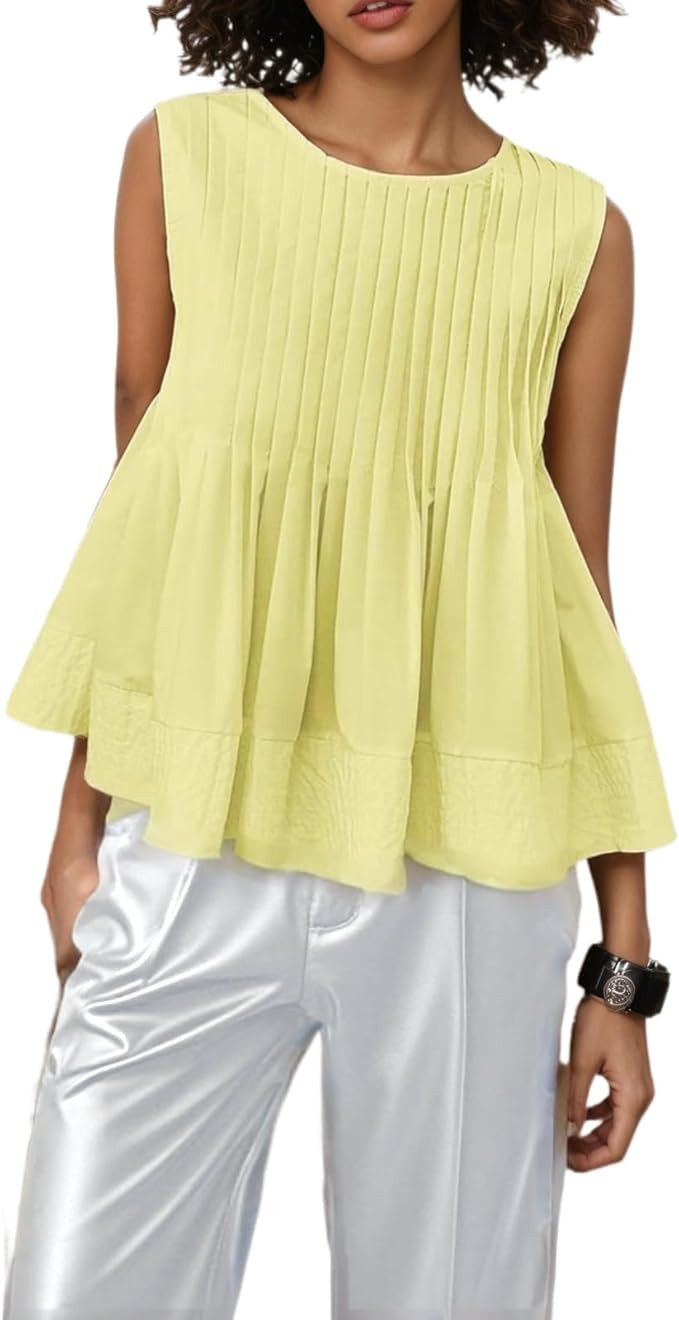 Womens Summer Pleated Peplum Sleeveless Neck Casual Shirred Flowy Tank Blouse Tank Tops Round Nec... | Amazon (US)