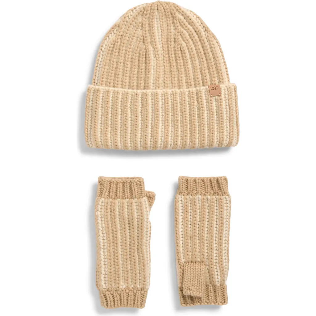 UGG(r) Chunky Plaited Beanie & Fingerless Mittens Set in Cream Multi at Nordstrom | Nordstrom