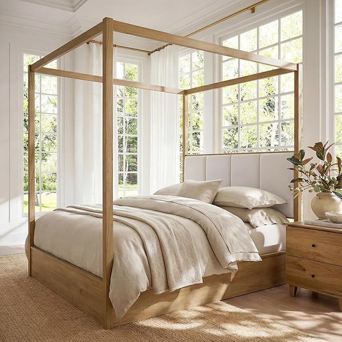 WAMPAT Wood Canopy Bed Frame Queen Size, Oak Bed w/Solid Wood Posters | Amazon (US)