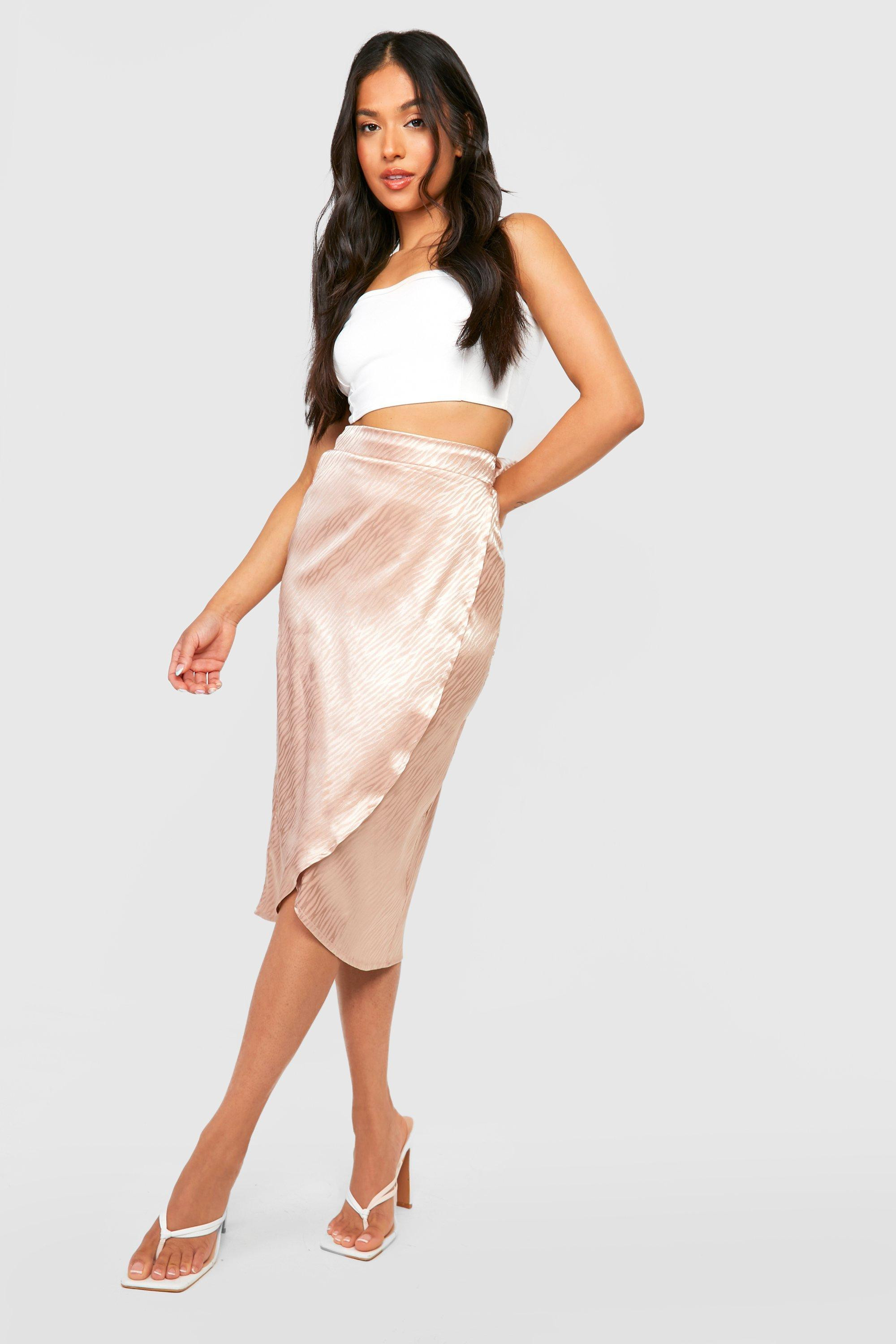 Womens Petite Jacquard Satin Wrap Midi Skirt - Brown - 0 | Boohoo.com (US & CA)
