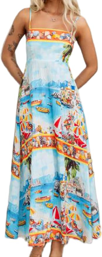 Women Bohemian Spaghetti Strap Beach Long Dress Sleeveless Graphic Flowy Maxi Dress Y2K Floral Ti... | Amazon (US)