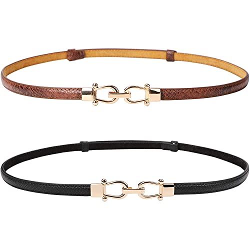 JASGOOD Leather Skinny Women Belt Thin Waist Belts for Dresses up to 37 Inches with Golden Buckle 2 Pack | Amazon (US)