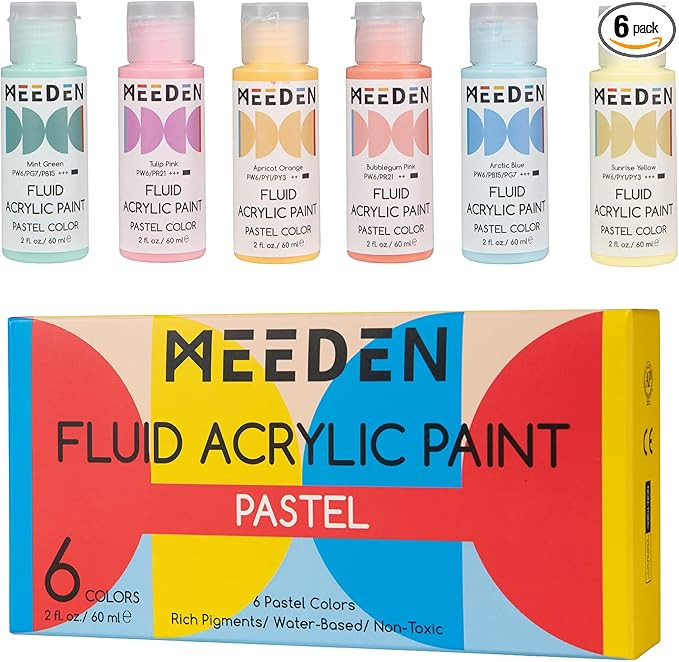 MEEDEN Fluid Pastel Acrylic Paint Set, 6 Vibrant Colors (2 oz, 60 ml), Rich Pigments, Non-Toxic H... | Amazon (US)