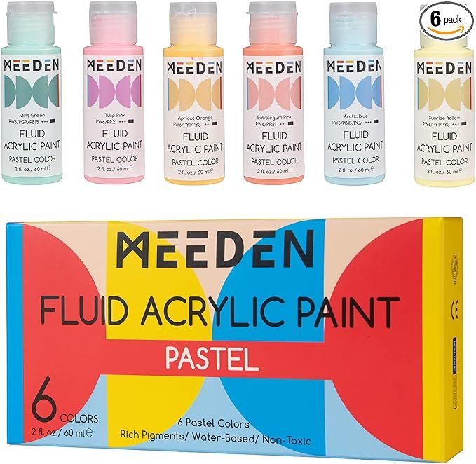MEEDEN Fluid Pastel Acrylic Paint Set, 6 Vibrant Colors (2 oz, 60 ml), Rich Pigments, Non-Toxic H... | Amazon (US)