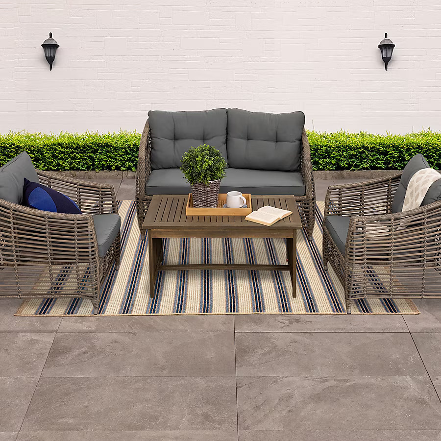 allen + roth with STAINMASTER Cabana 6 x 9 (ft) Loomed Polypropylene Blue Rectangular Outdoor Str... | Lowe's