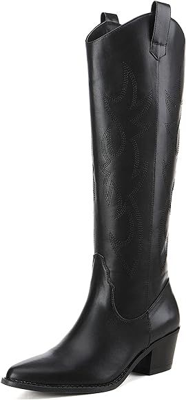 Women's Western Embroidered Cowboy Boots Pointed Toe Chunky Heel Pull On Knee High Boots | Amazon (US)