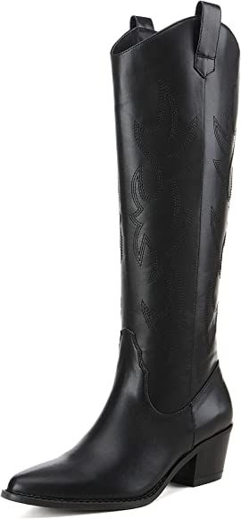 Athlefit Women's Western Embroidered Cowboy Boots Pointed Toe Chunky Heel Pull On Knee High Boots | Amazon (US)