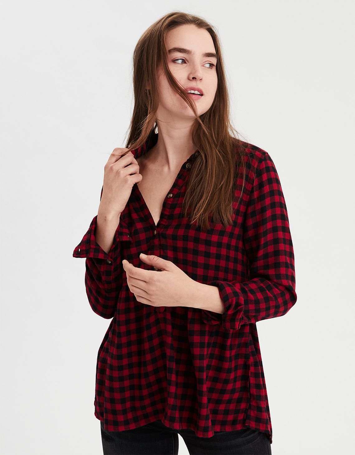 AE Ahhmazingly Soft Plaid Popover Babydoll Top, Red | American Eagle Outfitters (US & CA)