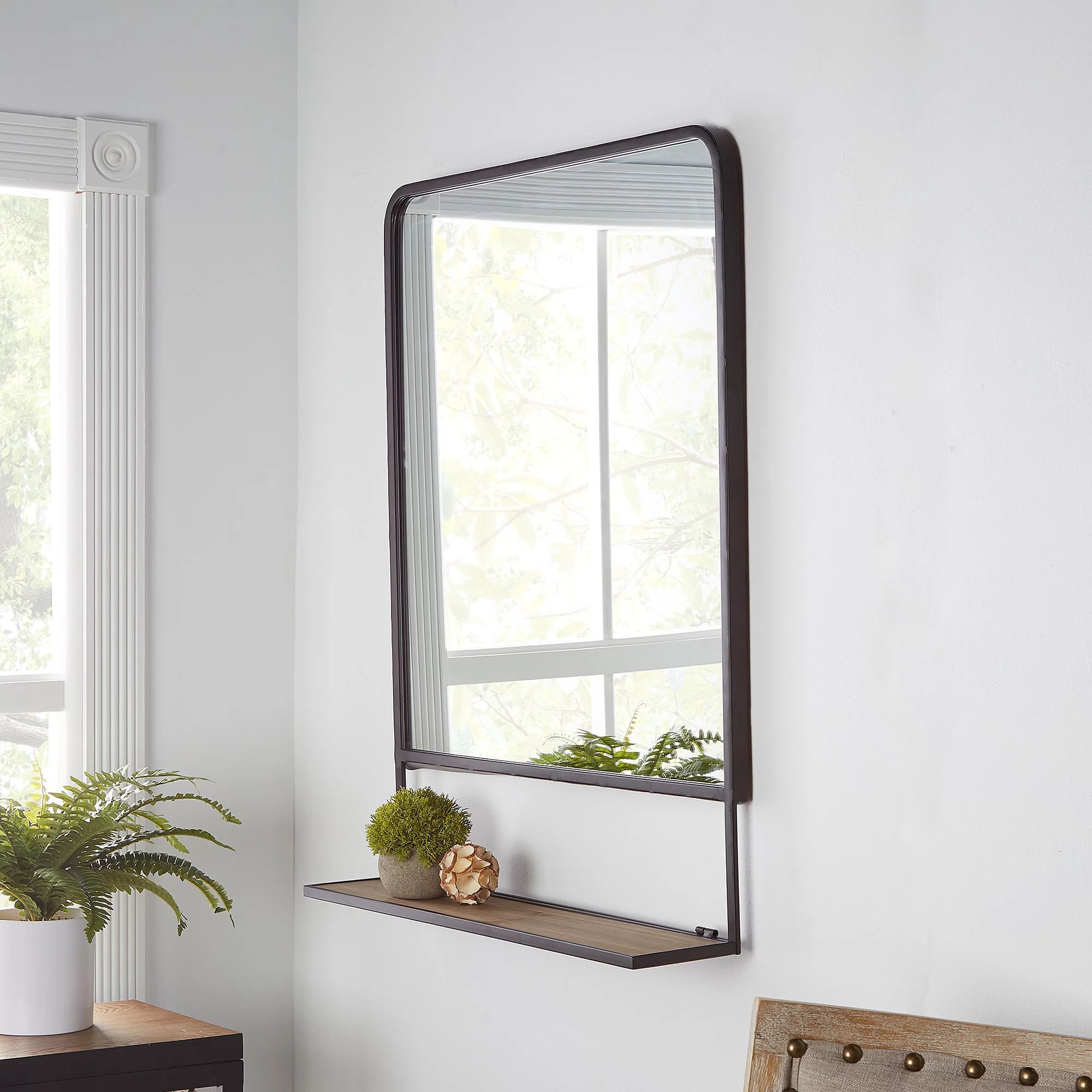 Better Homes & Gardens 24" x 32" Industrial Metal Vanity Wall Mirror with Foldable Wood Shelf, Bl... | Walmart (US)