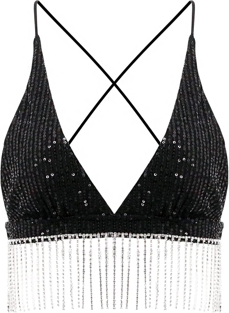 Haoohu Women’s Sexy Sequin Crop Top V Neck Bandage Tank Top Bustier Cami Dance Bra Top for Club... | Amazon (CA)