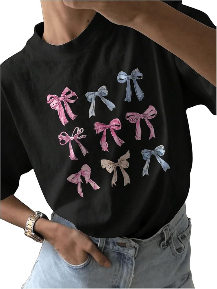 Women's Bow Print T Shirt Short Sleeve Crew Neck Summer Casual Tee Shirts | Amazon (US)