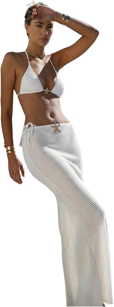 SHENHE Women's 3 Piece String Bikini Set Triangle Halter Starfish Metal Swimsuit with Long Skirt | Amazon (US)