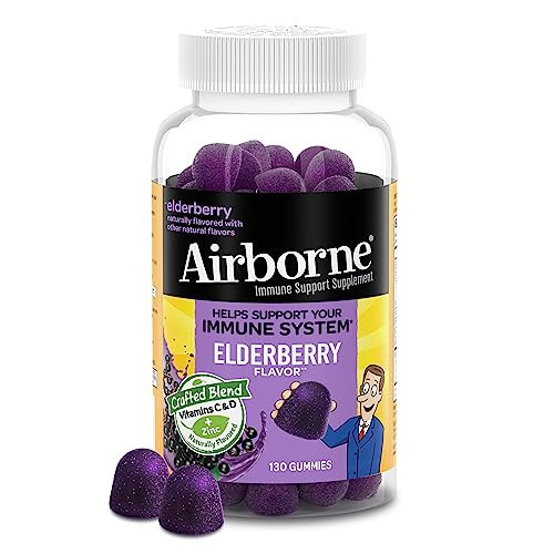Airborne Elderberry + Zinc & Vitamin C Gummies For Adults, Immune Support Vitamin D & Zinc Gummies with Powerful Antioxidant Vitamins C D & E - 130 Gummies, Elderberry Flavor | Amazon (US)