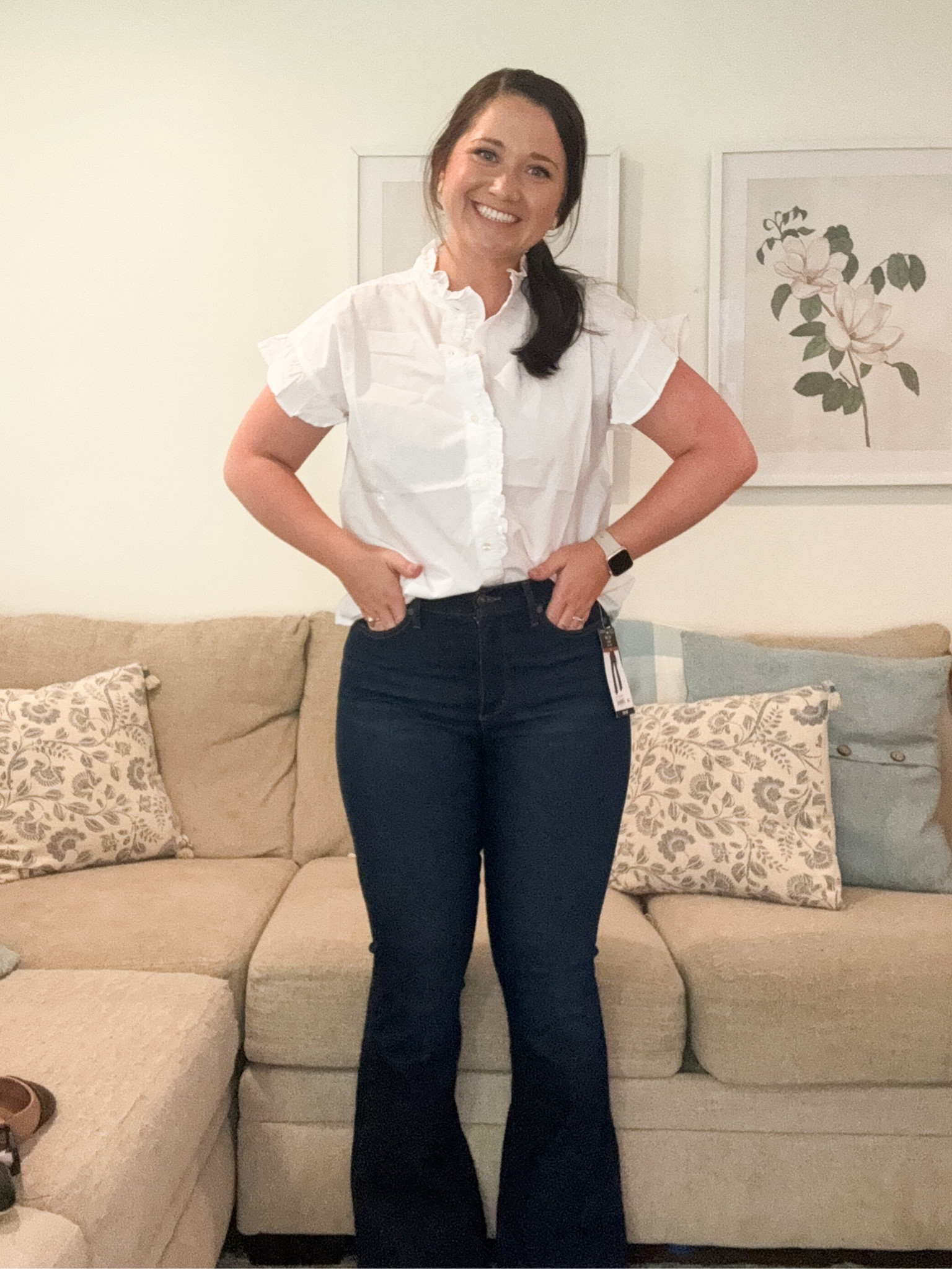 Walmart fall outfit. Flare jeans. White blouse. Work outfit  