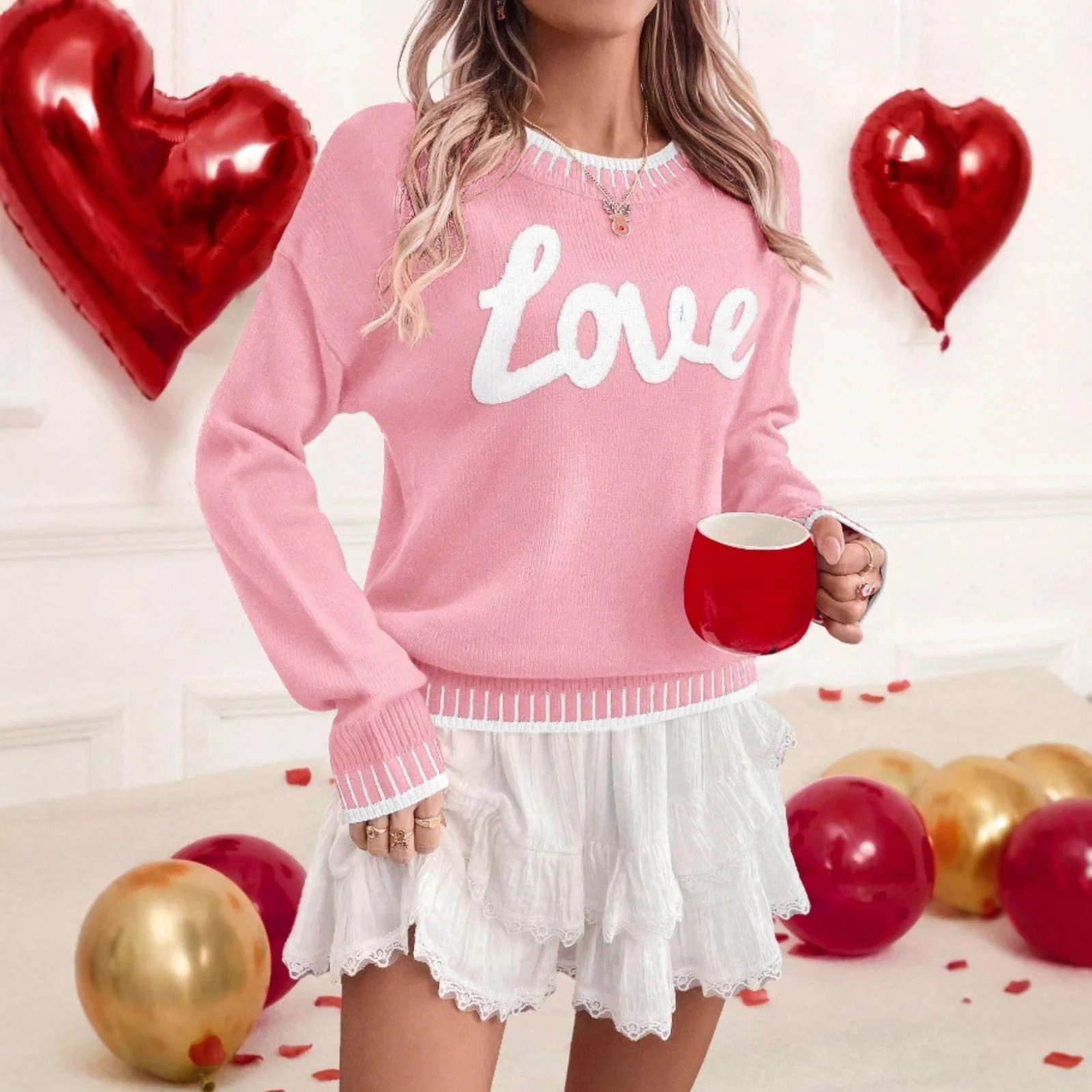 Women Valentine Knit Sweater Long Sleeve Crewneck Pullover with LOVE Letters Casual Warm Holiday ... | Walmart (US)