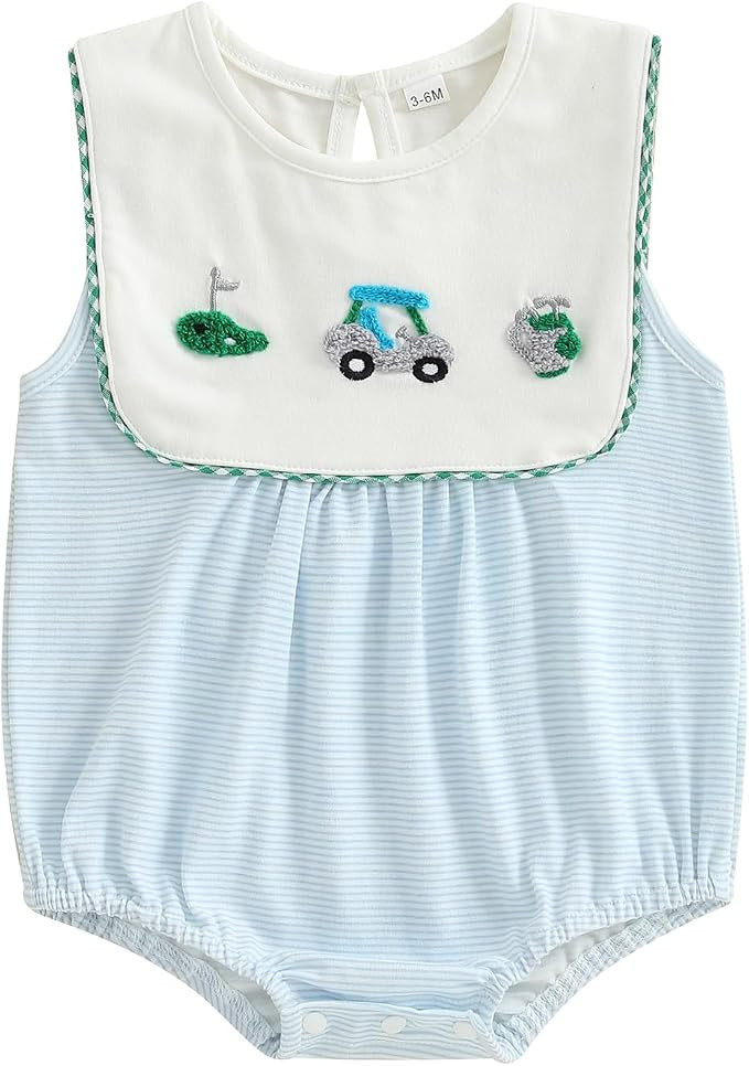 Newborn Baby Boy Golf Clothes Embroidery Sleeveless Bubble Romper Stripe Bodysuit Cute Infant One... | Amazon (US)