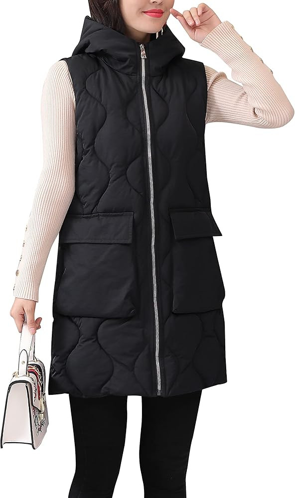 HangNiFang Winter Long Puffer Vest for Women Zip Up Hoodie Quilted Vest Jacket | Amazon (US)