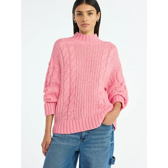 Scoop Women’s Oversized Cable Knit Sweater, Midweight, Size XS-XXL | Walmart (US)
