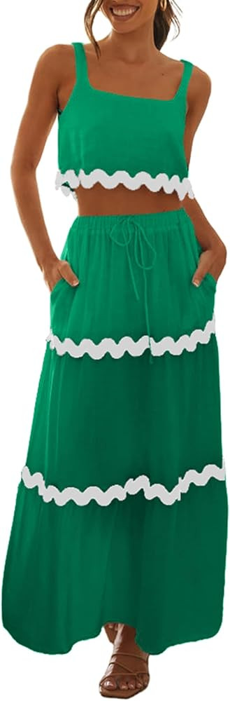 Summer Dresses for Women 2024 Maxi Dress 2 Piece Vacation Outfits Skirt Set with Pockets | Amazon (US)