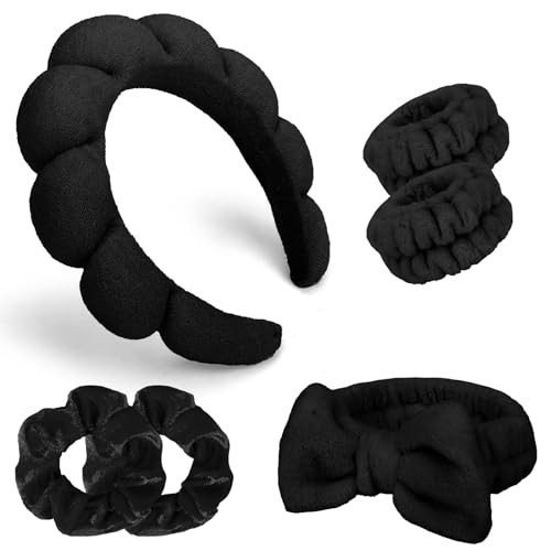 Ondder 6 Pcs Black Spa Headband and Wristband Set for Washing Face, Makeup, Bubble Skin Care - Face Wash Sponge Puffy Head Bands Hair Accessories for Women Girls | Amazon (US)