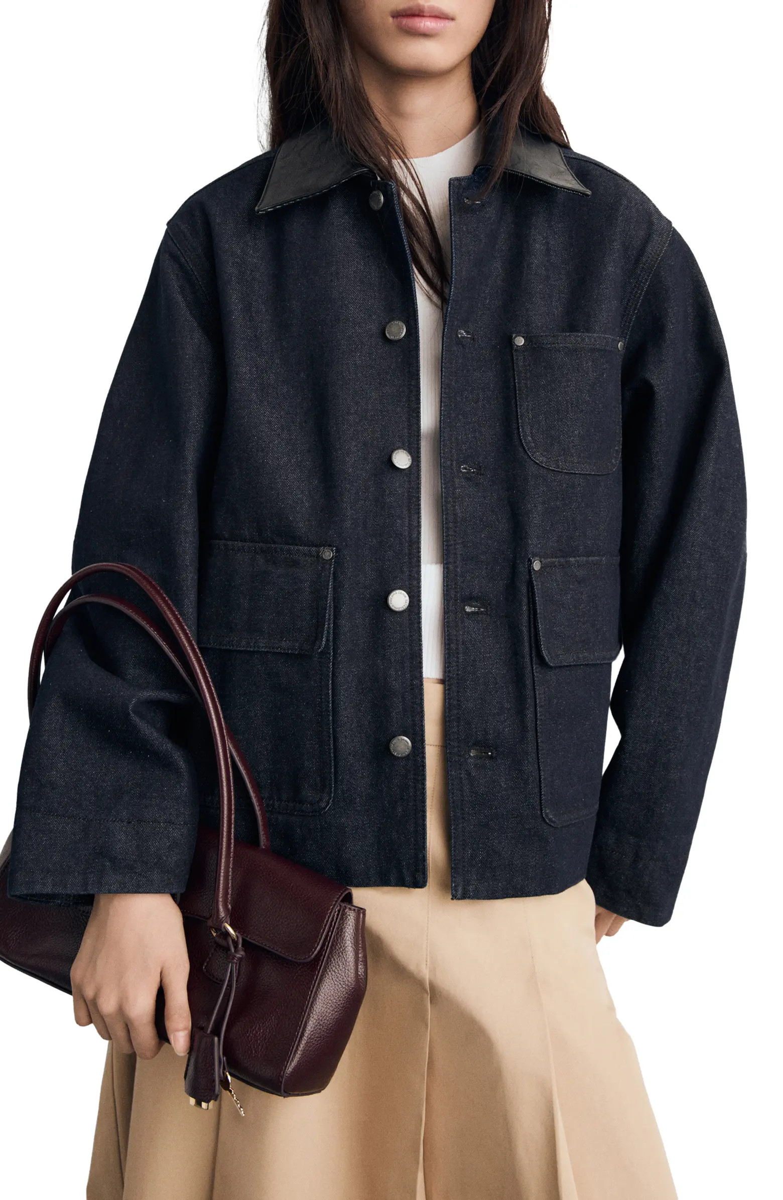 Faux Leather Collar Denim Jacket | Nordstrom