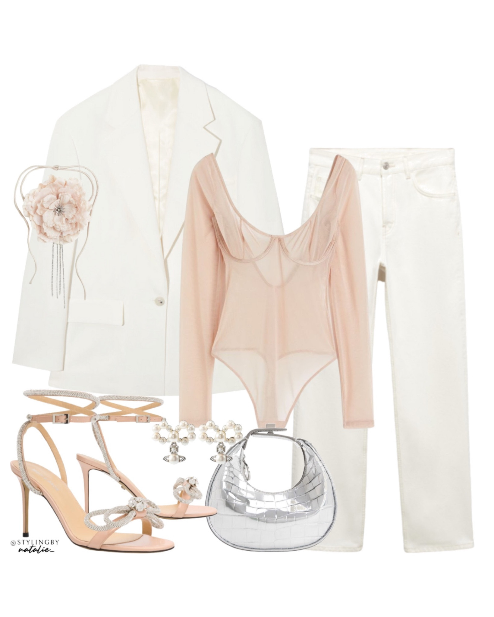 Going out outfits, night out look, party wear, party looks, Christmas party outfit, white crepe oversized blazer, mesh thong bodysuit, white jeans, flower necklace, pearl earrings, bow  heels.

#LTKHoliday #LTKSeasonal #LTKparties