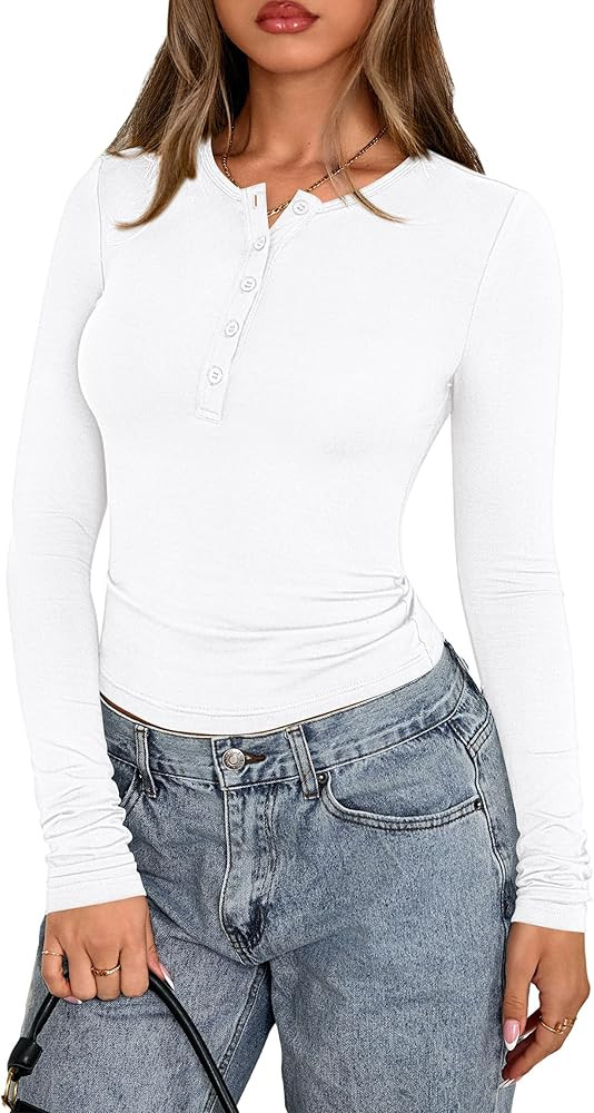 PRETTYGARDEN Womens Casual Long Sleeve Tops 2025 Fall Crew Neck Fitted Henley Shirts Basic Tee Bl... | Amazon (US)
