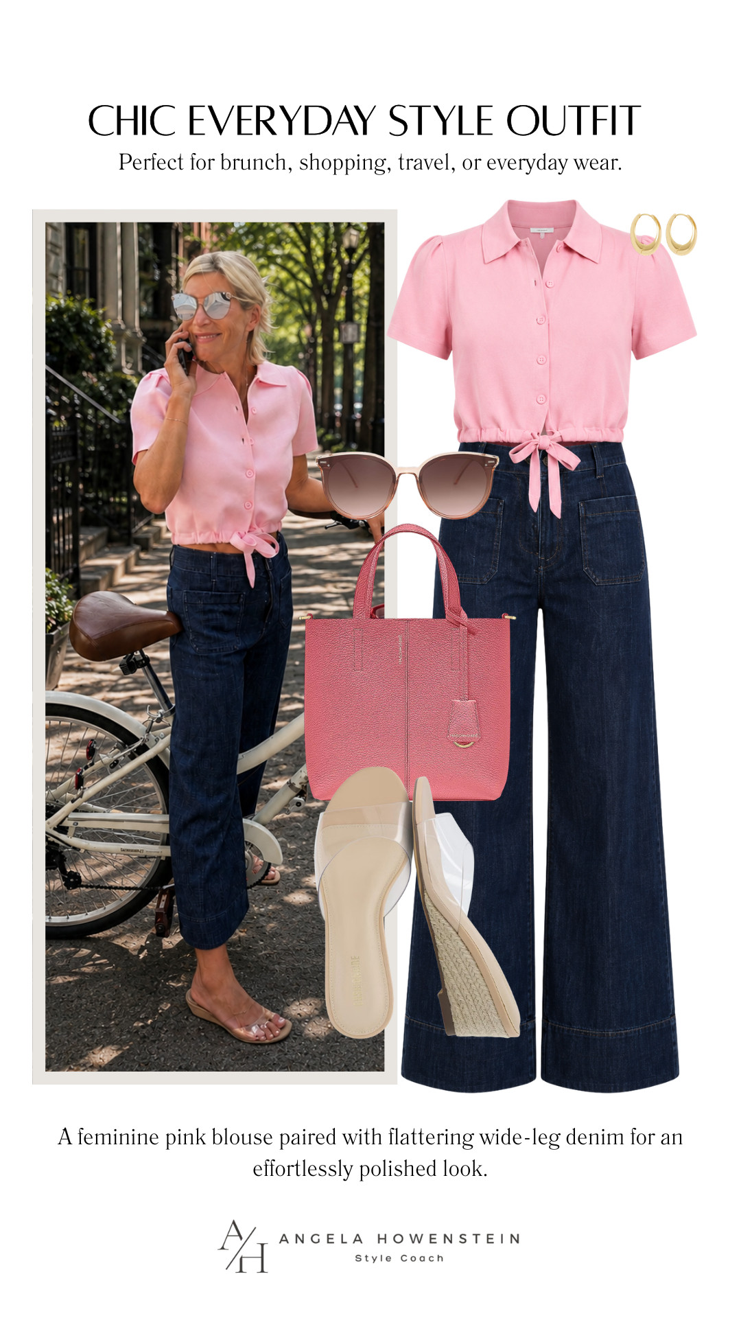 Pink and denim is a combination that never goes out of style! This tie-waist blouse adds a feminine touch, while the wide-leg jeans create a modern, flattering silhouette. Finished with neutral slides, a coordinating tote, and gold hoops, it's an easy outfit that's polished enough for lunch, shopping, or sightseeing.

👩‍💻 LTK PRO TIPS
❤️ Heart = Support my posts ;-)
🔖 Save = Get sale & restock alerts for the things you love!
📋 Lists = Keep favorites organized (List ideas: Christmas, Birthdays, and Vacations!)
📲 Share = Send lists and products to a friend (or your daughters like me).
💬 Comment = Ask me anything, and I'll answer. ;-)

#LTKootd #LTKSeasonal #LTKOver40