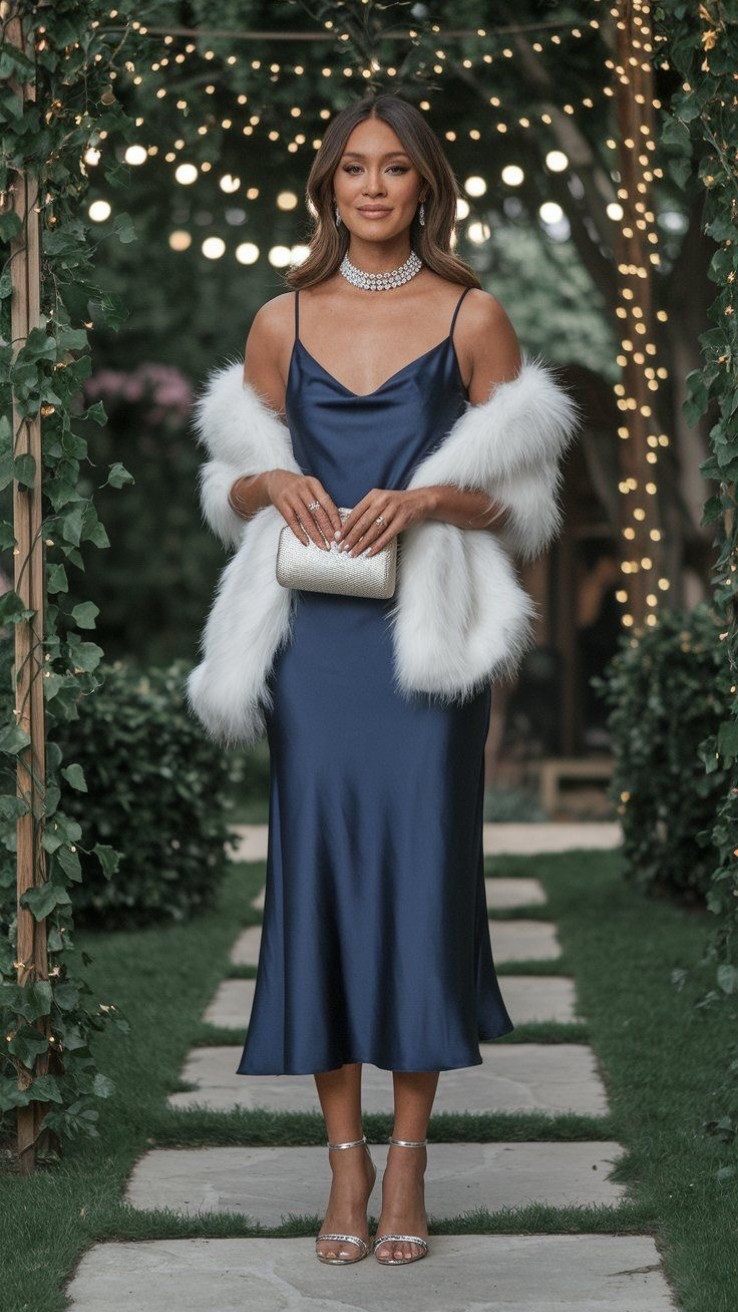 Navy satin dress

White fur shawl 

#LTKSeasonal #LTKHoliday #LTKootd